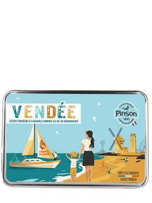 Boite fer souvenir de Vendée : Cœur vendéen saveurs fraise et pêche et caramels tendres au sel de Noirmoutier