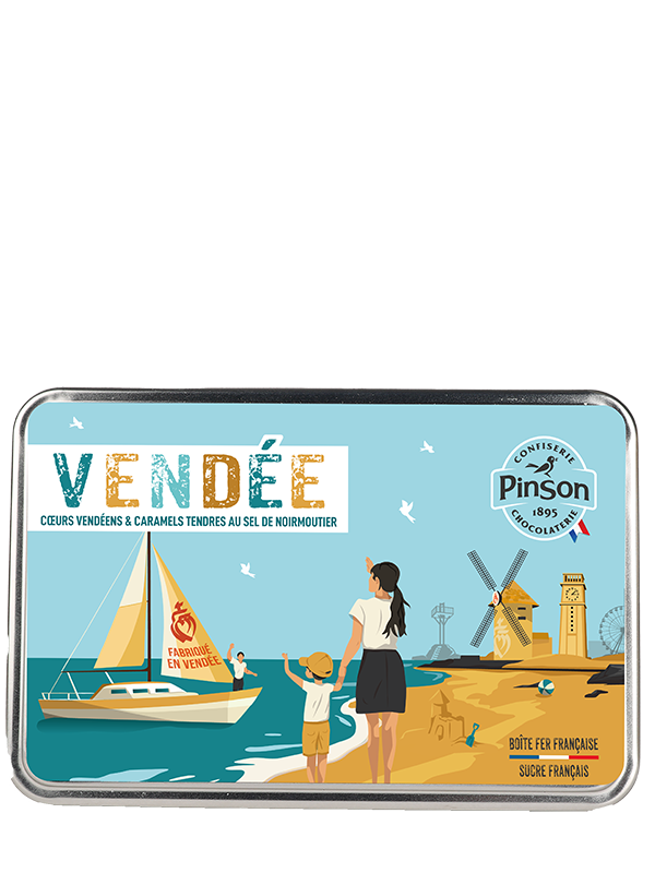 Boite fer souvenir de Vendée : Cœur vendéen saveurs fraise et pêche et caramels tendres au sel de Noirmoutier