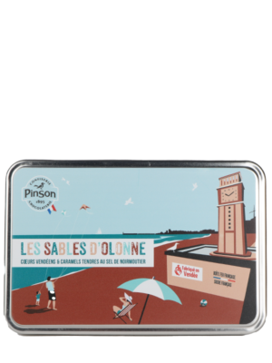 Boite fer souvenir des Sables d'Olonne : Cœur vendéen saveurs fraise et pêche et caramels tendres au sel de Noirmoutier