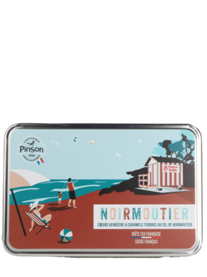 Boite fer souvenir de Noirmoutier : Cœur vendéen saveurs fraise et pêche et caramels tendres au sel de Noirmoutier