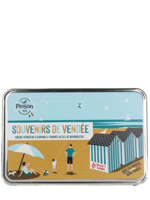 Boite fer souvenir de Vendée : Cœur vendéen saveurs fraise et pêche et caramels tendres au sel de Noirmoutier