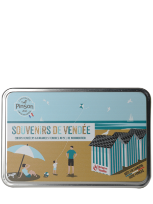 Boite fer souvenir de Vendée : Cœur vendéen saveurs fraise et pêche et caramels tendres au sel de Noirmoutier