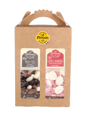 Mallette haute 2 produits : Coeur vendéen saveurs fraise et pêche et mogettes 3 chocolats