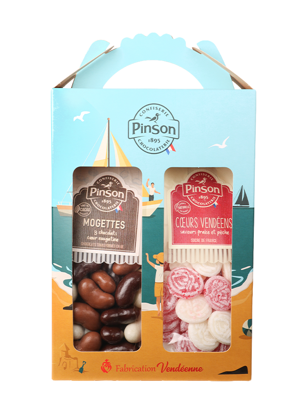 Mallette vendéenne - bonbons cœur vendéens et mogettes 3 chocolats - Confiserie Pinson