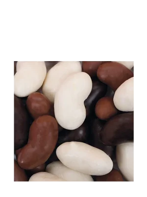 Mogettes 3 chocolats : Nougatine Amandes enrobée de chocolat blanc, lait et noir, forme haricot